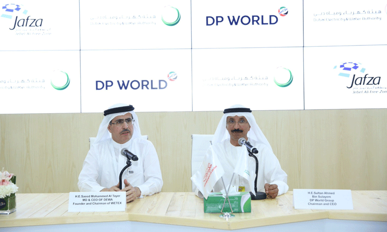 DP World Group Chairman and CEO, Sultan Ahmed Bin Sulayem (right) and Saeed Mohammed Al Tayer, Managing Director & CEO of DEWA during the press conference announcing the Solar Rooftop Project.